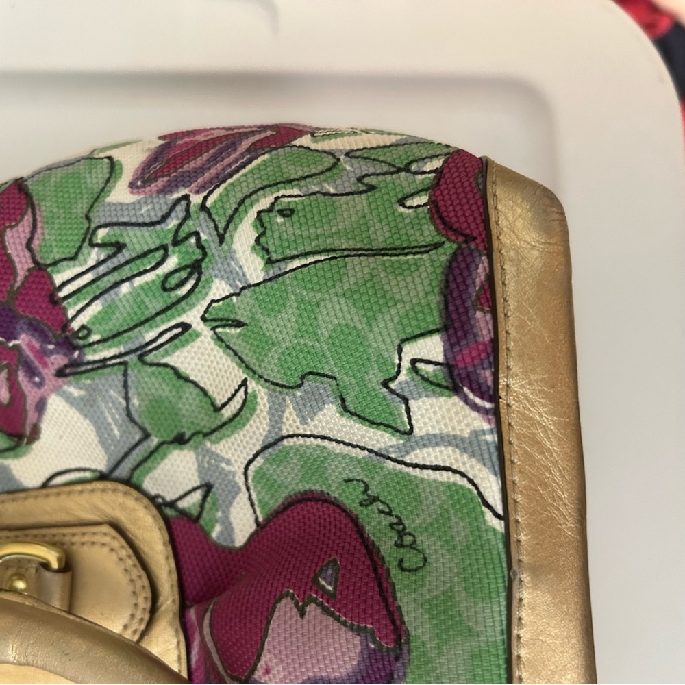 Coach Ashley Floral Gold, Green and Purple Women's Shoulder Bag Satchel Purse - Picture 13 of 16